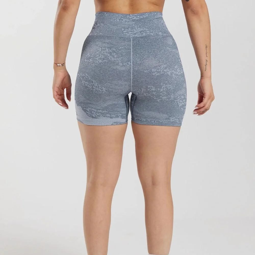 Gymshark Blue Gray Camo Seamless High-Waist Athletic Shorts - Picture 2 of 5